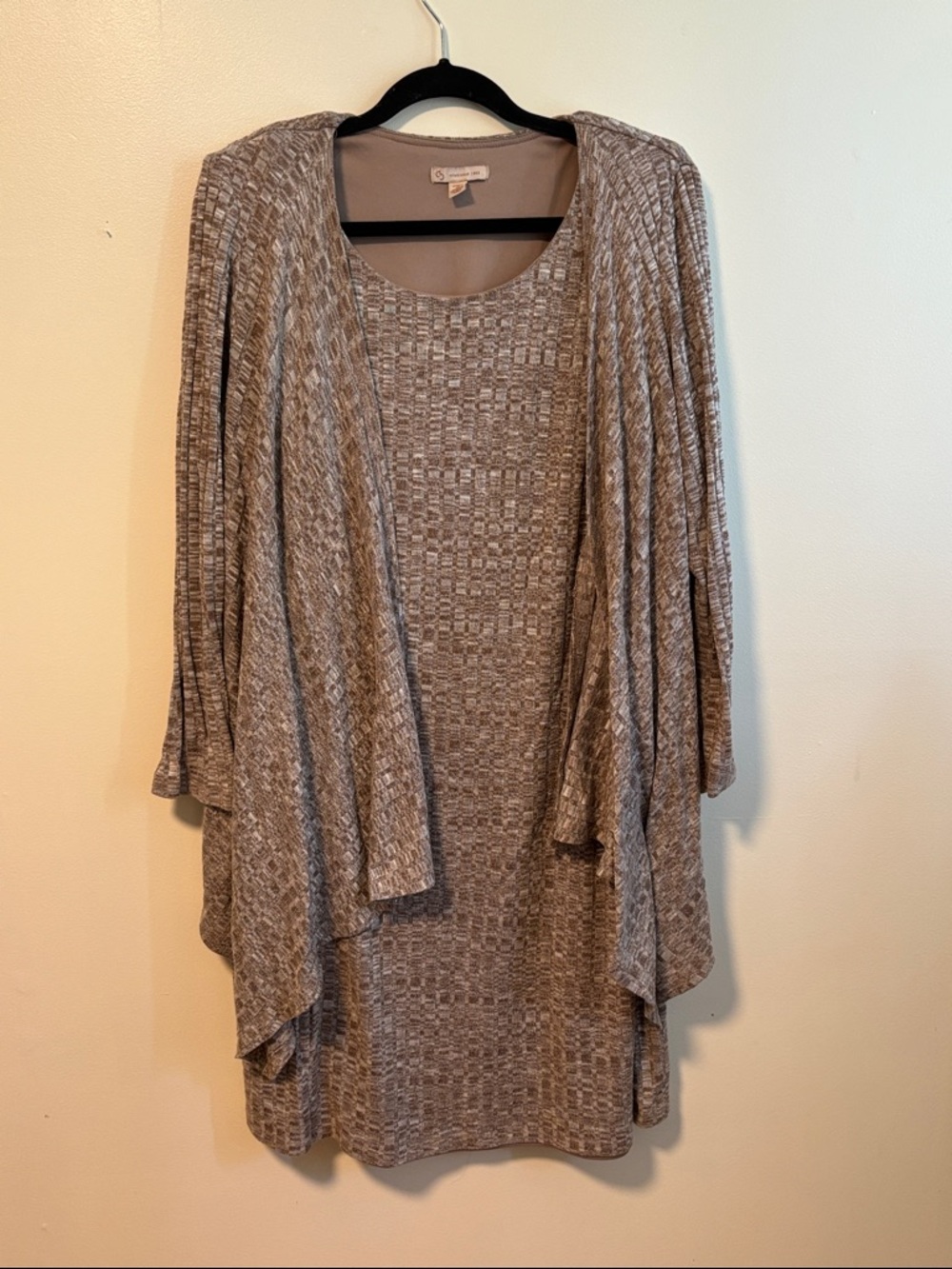 Dress Barn Taupe Knit Long-Sleeve Dress with Draped Cardigan